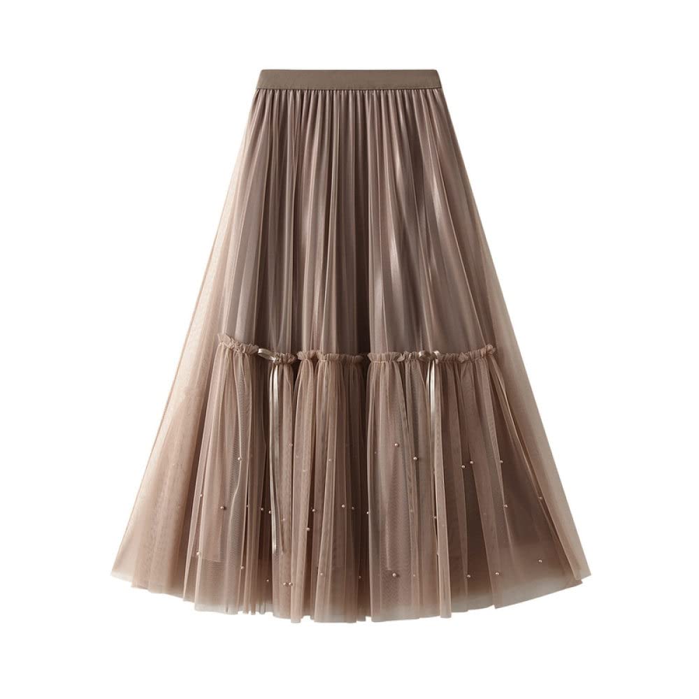 Gonne A Ruota,Gonna Longuette Da Donna Gonna A Pieghe In Tulle Con Cuciture A Vita Alta Elastica Marrone Gonna A Pieghe In Tulle Con Pieghe A-Line Dolce Gonne Lunghe Con Volant A Strati Increspati P