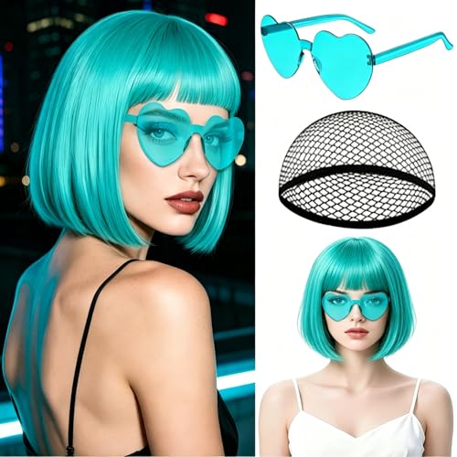 Image of MEEZY Lake Blue Bob Wig with Bangs Heart Sunglasses for Women, Neon Colored Bob Hair Funny Party Wig Synthetic Crazy Hair for Woman Man Halloween Costume Cosplay Bachelorette Party Supplies