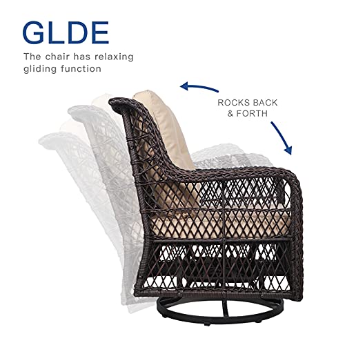 W Warmhol 3-Piece Patio Rocking Chairs Wicker Bistro Set Cushioned, Outdoor Glider Swivel Chair Rattan Furniture Sets With Thickened Cushion And Glass-Top Coffee Table (Beige Cushion) #TOP3