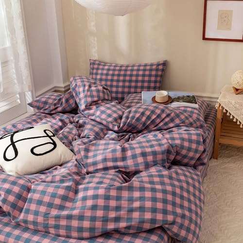 Image of EAVD Modern Purple Pink Plaid Duvet Cover Twin Soft Cotton Reversible Grid Plaid Bedding Set with 2 Pillowcases Simple Geometric Duvet Cover with Zipper Closure