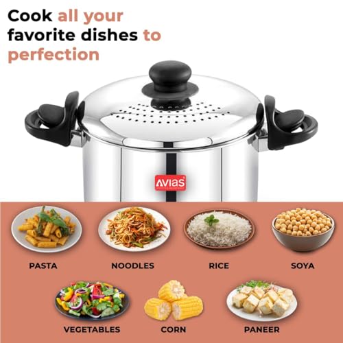 Image of AVIAS Stainless Steel Rice /Pasta Strainer Pot 3.7L with Glass Lid & Built-in Strainer | Triply Bottom | Locking Lid | for Rice, Pasta, Noodles, SOYA & Vegetables | Induction & Gas Compatible