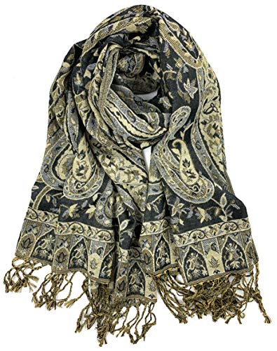 Plum Feathers Tapestry Ethnic Paisley Pattern Pashmina Shawl Scarf, Womens Pashmina Shawl Wrap with Fringes