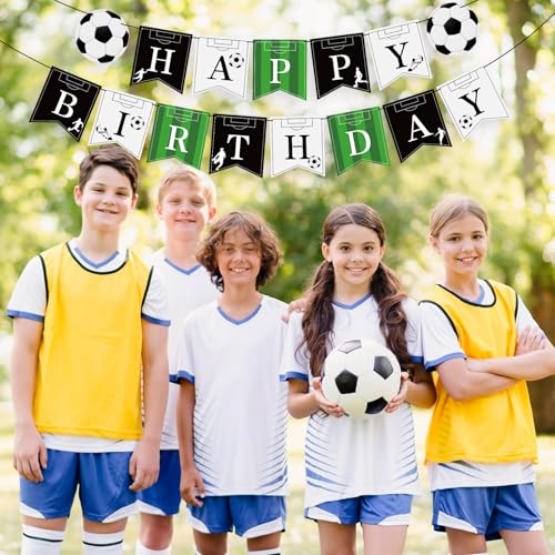 Image of Hooqict Soccer Happy Birthday Banner Birthday Party Decorations Soccer Party Banner Garland Sign for Kids Boys Men Sport Theme Game Day Decorations Supplies