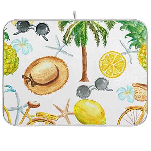 Summer Bicycle, sunglasses, Palm Trees, Lemons, Pineapple, Straw Dish Drying Mat for Kitchen Absorbent Microfiber Pad Heat-resistant Drainer Mats Countertops Sinks Protector 16