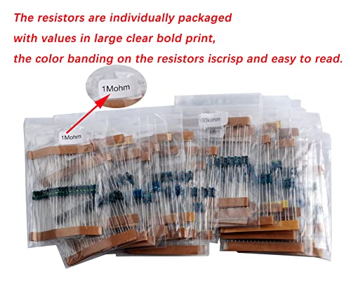 DIYmall Resistor Kit, 1460pcs (73 Values x 20pcs) Resistors Assortment, 1ohm to 1M ohm, 1/4W 1% Metal Film, ROHS Resistor for Arduino Raspberry PI DIY Electronic Projects
