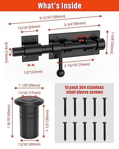 Heavy Duty Slide Bolt Gate Latch Hardware, 6.3 Inch Solid 304 Stainless Steel Latches Electroplating Finish, Barrel Bolt Lock For Wooden Fence, Yard Door, Barn Door, Shed Door, (2 Pack Black) #TOP5