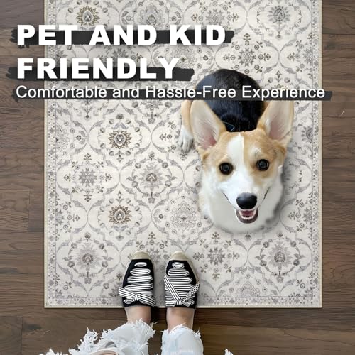 KILOCOCO 2x5 Runner Rug, Moroccan Super Soft Washable Hallway Entryway Runner Rug, Accent Print Faux Wool Kitchen Runner Rug 5 Feet Non-Slip Runners Boho Rug Runners for Bedroom, Cream Beige Grey