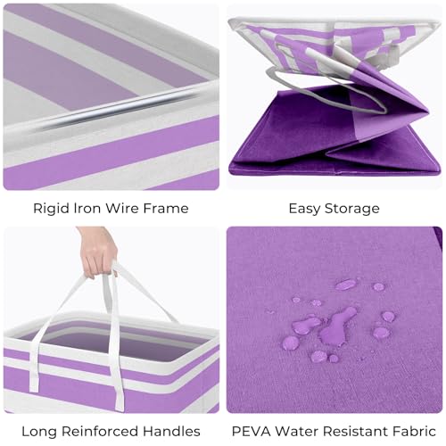 HomeHacks 2 Pack Large Laundry Baskets, Waterproof, Freestanding Laundry Hampers, Collapsible Clothes Hamper with Reinforced Handles in Laundry, College Dorm, Bathroom, Bedroom (Purple, 75Lx2)