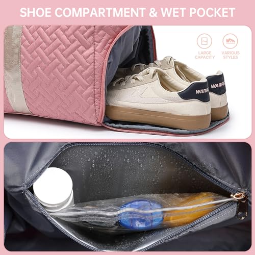 Image of Duffle Bag for Travel, Weekender Bag with Shoe Compartment, Carry On Overnight Bag for Women with Toiletry Bag, 50L Gym Bag with Wet Pocket, Hospital Bags for Labor and Delivery, style2-pink&brown