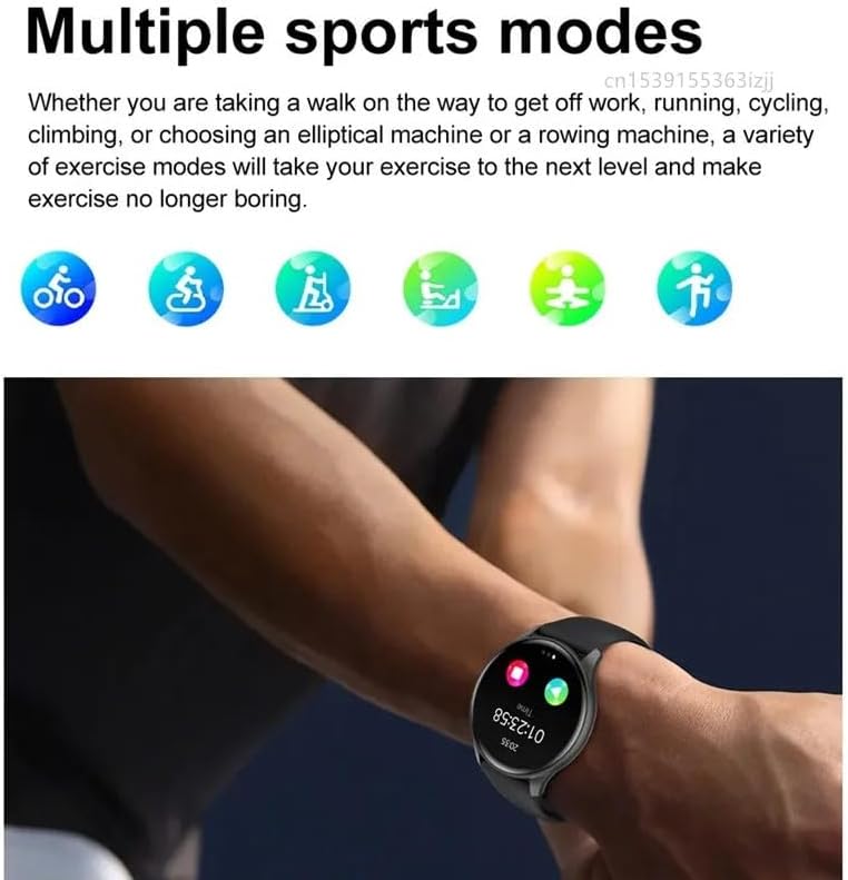 A person wearing the ZW60 smartwatch, with icons representing various sports modes like cycling, running, and yoga.