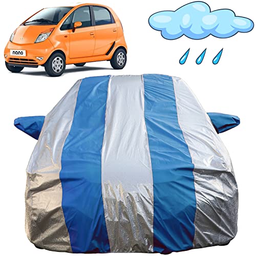 Image of Autofact Waterproof Car Body Cover Compatible with Tata Nano (2009 to 2019) with Mirror Pockets (Blue Stripes with Shinning Silver Fabric /Waterproof Cover)