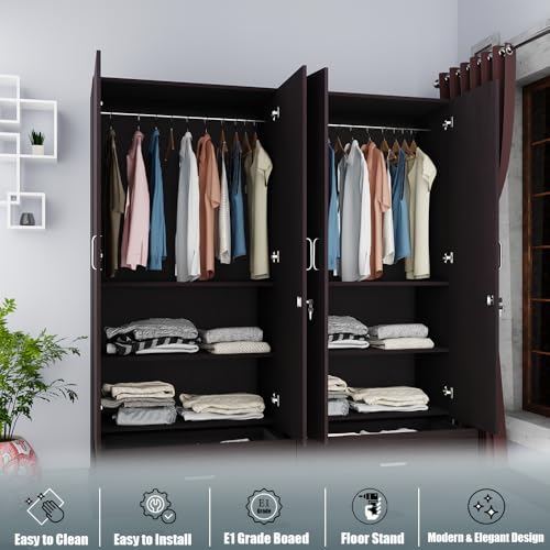 Image of VIKI Wardrobe | Wooden Almirah for 4 Door Wardrobe with 2 Split Drawer & Hanging Space (Dark Wenge - 40D x 160W x 180.8H) | 1 Year Warranty | Free Assembly