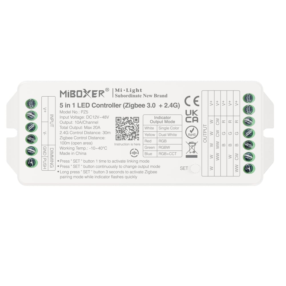 LGIDTECH PZ5 Miboxer Zigbee 3.0 Controlador LED 5 en 1 de alta potencia CC 12-48 V, salida máxima 20 A, compatible con Philips Hue