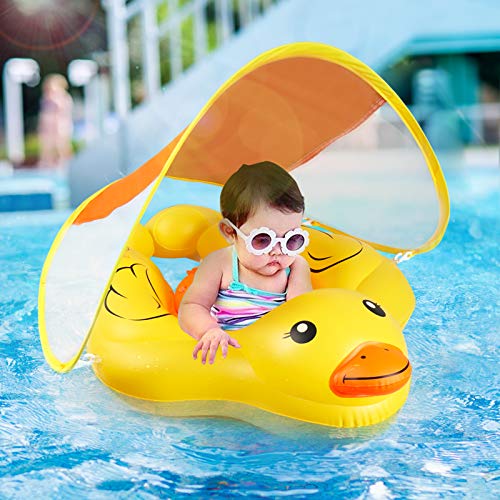 Image of Yobeway Inflatable Baby Swimming Float,Cartoon Duck Floats with UPF50 Sun Canopy No Flip Safe Bottom Support Baby Floats for Baby Age of 6-36 Months (Yellow, L)