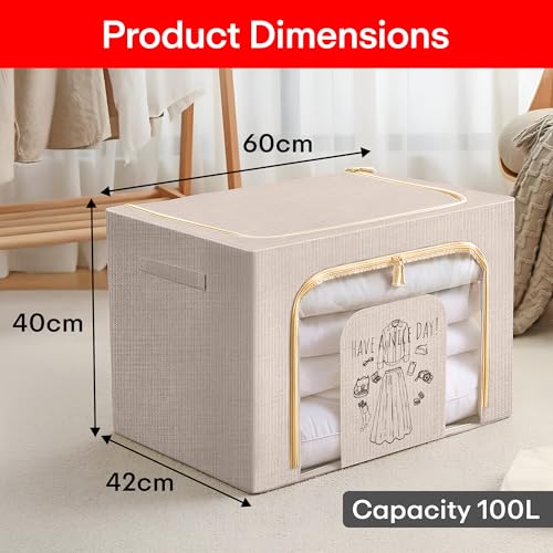 Image of Prime Pick Zip Storage Box Foldable Clothes Organizer Double Zipper Lid Heavy Duty Reinforced Handles Breathable Washable Fabric Wardrobe Closet Home Storage Beige Large Pack of 1
