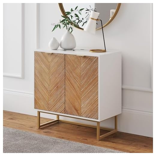 Nathan James Enloe Modern Storage, Free Standing Accent Cabinet with Doors in a Rustic Fir Wood Finish Powder-coated Metal Base for Hallway, Entryway or Living Room, White/Gold