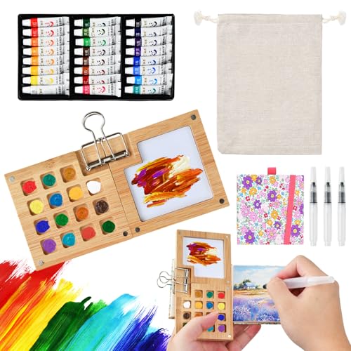 24 Colores Mini Cajas de Acuarela, Paleta de Acuarela Portátil, Juego de Acuarelas de Viaje, Magnética para Pintura de Acuarelas, Estuche de Pintura de Viaje con Bolsa de Almacenamiento (Rosa)