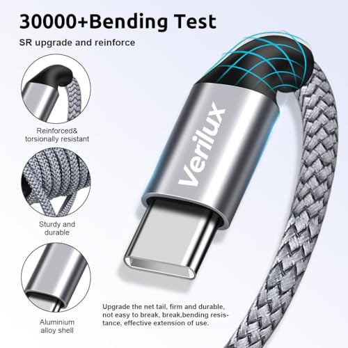 Image of Verilux 3M /9.8Ft Type C to Type C Cable, PD 60W Fast Charging USB C Cable, 480Mbps Data Transfer Cable Nylon Braided C to C Type for iPhone 17 /16 /15, Galaxy S25 /S24 /S23, MacBook, iPad