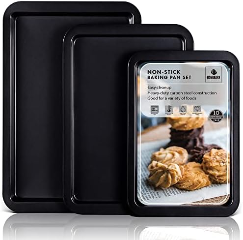 HONGBAKE Baking Sheet Pan Set, Cookie Sheet for Oven, Nonstick Bakeware Sets with Wider Grips, 3 Pack Half/Jelly Roll/Quarter Baking Tray, Premium, Dishwasher Safe - Dark Grey