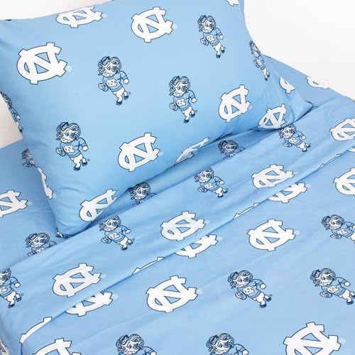 Everything Comfy North Carolina Tar Heels Queen Sized 4 Piece Sheet Set, Team Color Background, 1 Flat Sheet, 1 Fitted Sheet, 2 Pillowcases