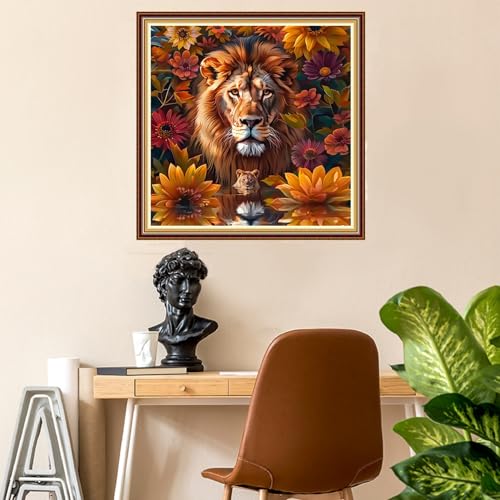 Image of Fanxvivy Stamped Counted Cross Stitch Kits for Adults Printed Cross-Stitch Patterns 11CT Stamped or Counted Cross Stitching Embroidery Kit Needlepoint Kits-Flower Lion 18x18 inch