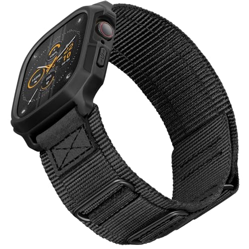 SUNFWR Bands Compatible with Apple Watch 44mm 45mm with Case,Rugged Sport Apple Watch Strap with Protective Cover for iwatch Series 9/8/7/6/5/4/SE for Men(Black Black Tags)