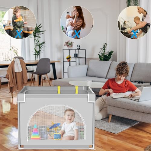 DJEDJEO Laufgitter 90x90cm, Faltbarer Baby Laufstall Mit Reißverschlusstür, Rutschfester Basis, Atmungsaktivem Netz an Vier Seiten, Grau