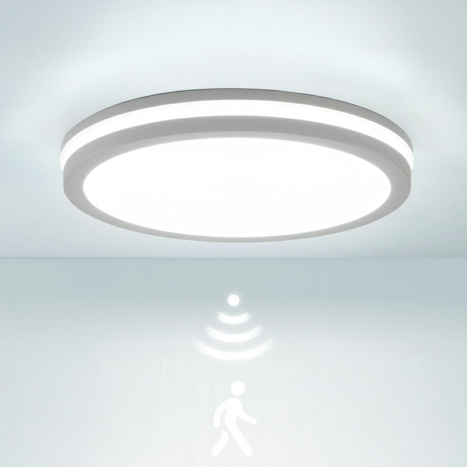 LEZOE IP65 Waterproof LED Ceiling Light with Motion Sensor, 18W 2700lm 150(Lm/W) Etanchard 3000K/4000K/6500K Ideal for Bathroom, Garage, Stairs, Basement, Hallway, Balcony Diameter 22 cm White