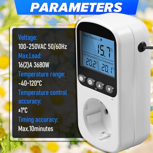 Temperaturregler Steckdose 230V Digital mit Timer und Sonde, LCD Thermostat Steckdose Heizung Kühlung, Temperaturschalter für Gewächshaus Kühlschrank Terrarium Aquarium (Blu-ray-Version)