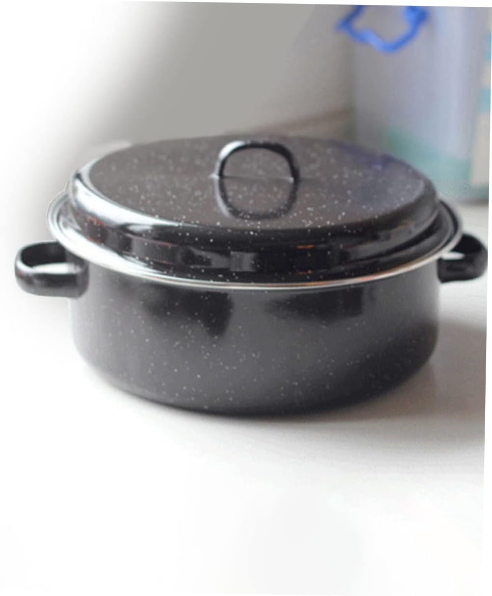 1Set Covered Round Roaster Pan Enamel Baking Pot for Sweet Potatoes Corn More Non Stick Double Ears for Easy Handling for Roasting Barbecue Grilling