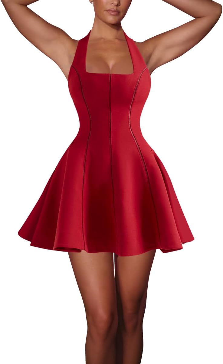 Women's Fit and Flare Mini Dress - Sleeveless Sweetheart Hater Neck Bow Sexy A Line Club Party Going Out Dresses