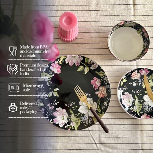 Image of GOLDEN QUEEN'S Handcrafted 12 Pieces Dinner Set | 4 Dinner Plates, 4 Small Bowls & 4 Snack Plates | Perfect for Hosting Guests and Daily Meals - Garden Splendor Black