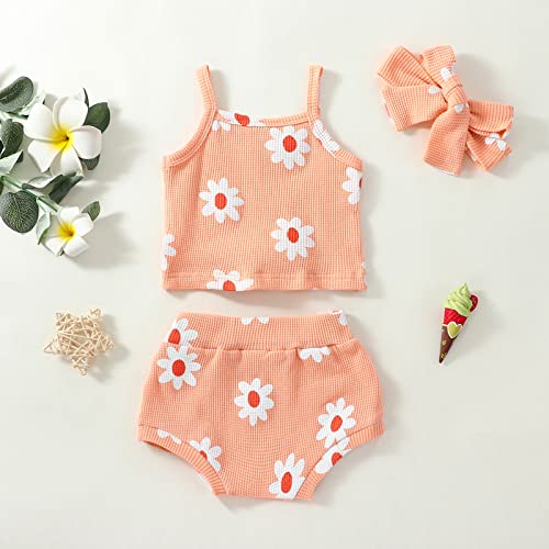 Kupretty Baby Girl Summer Clothes Floral Waffle Knit Sleeveless Strap Cami T Shirt Tops Shorts Bloomers Headband Set (Waffle Shirt Set Orange Pink, 6-12 Months) #TOP4
