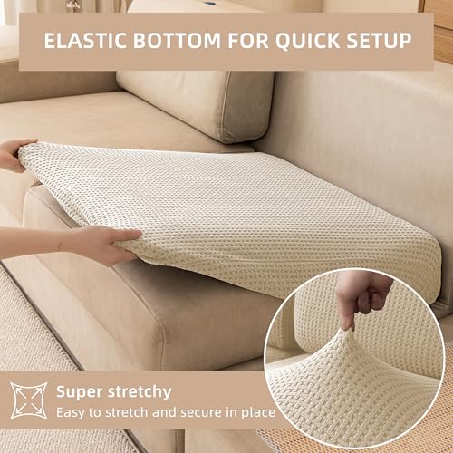 KaviKon Stretch Sectional Couch Covers, Wear Resistant L Shaped Sofa Slipcovers Washable Soft Protector Anti Slip Cover with Chaise Lounge (3PC*Seat Cushion Cover + 1PC*Chaise Cover, Grid Beige) — view 2