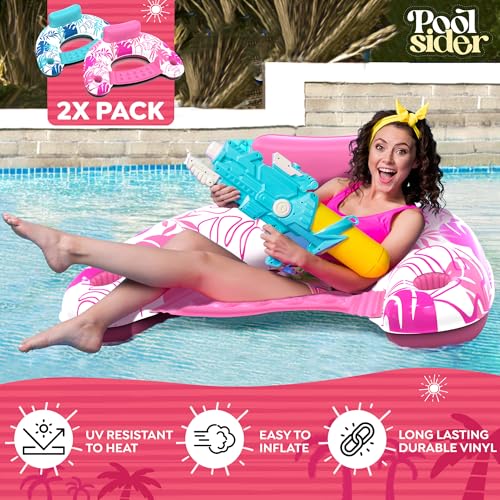 Pool Chair Floats - 2 Pack Floating Pool Chairs for Adults | Inflatable Pool Chair with Cup Holder & Armrest | Swimming Chairs for Adults | Tropical Design (Pink/Blue) Pool Float Chair - Poolsider