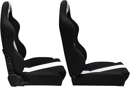 Miniatura 3 de IKON MOTORSPORTS, Asientos universales de carreras con deslizadores dobles, asientos deportivos reclinables de piel sintética negra a rayas blancas,