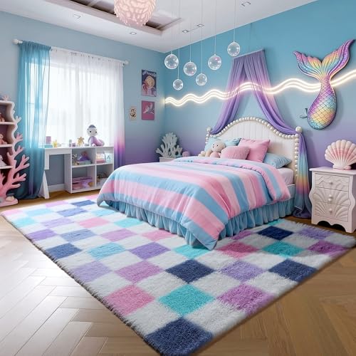 Image of KICMOR Purple Rainbow Checkered Rugs for Living Room, Fluffy Soft 8x10 Area Rugs Colorful Fuzzy Shag Shaggy Bedroom Carpet, Cute Indoor Plush Rug for Kids Girls Dorm Nursery Home Decor Aesthetic