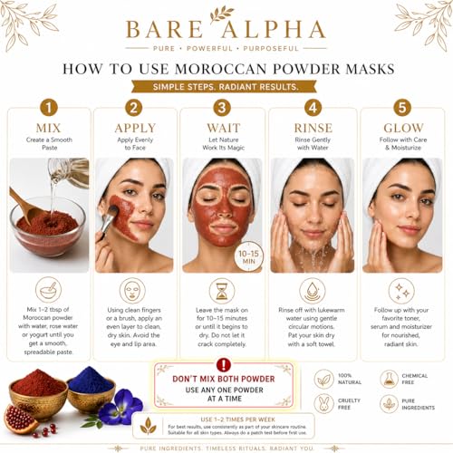 Image of Moroccan Nila Powder For Face - 100% Natural Blue Powder for Skin Brightening, Tan Removal & Detox | Traditional Moroccan Hammam Beauty Treatment For Face & Body Care (Blue+Red (50g+50g))