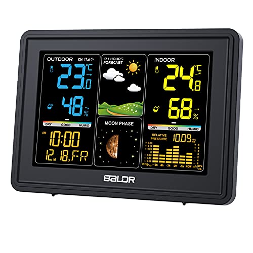 BALDR Weather Station, Indoor Outdoor Thermometer Hygrometer, Color Digital Home Weather Forecast Station with Wireless Outdoor Sensor Backlight LCD Display Alarm Clock(Black)
