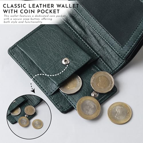 Image of VEMILIO Vegan Leather Wallet for Men & Women | 6 Card Slots | ID Window | Coin Pocket | 2 Hidden & 2 Currency Compartments | Durable Slim Bifold Purse (Green)