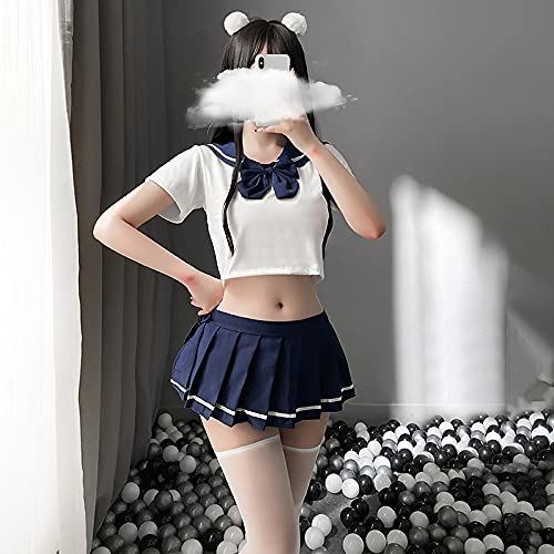 SINMIUANIME Schoolgirl Lingerie Set Sailor Uniform Dress Cosplay JK Student Wear Pleated Skirt With Socks (6908Blue White) - Image 2