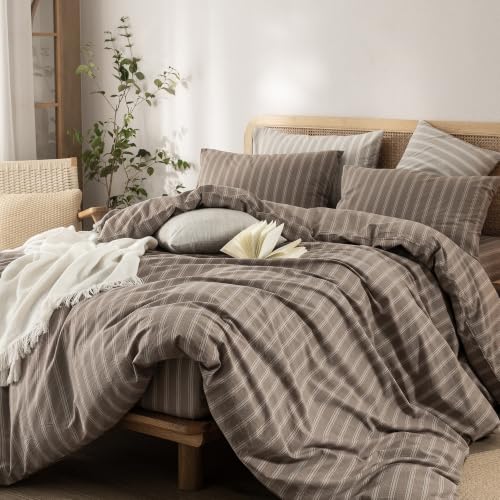 Image of BESTOUCH Striped Cotton Duvet Cover Set Linen Feel Twin | 100% Washed Cotton, Soft Wrinkle Texture, Hidden Zipper, 8 Ties, Breathable Lightweight Durable Comfy, 2 Pcs No Insert