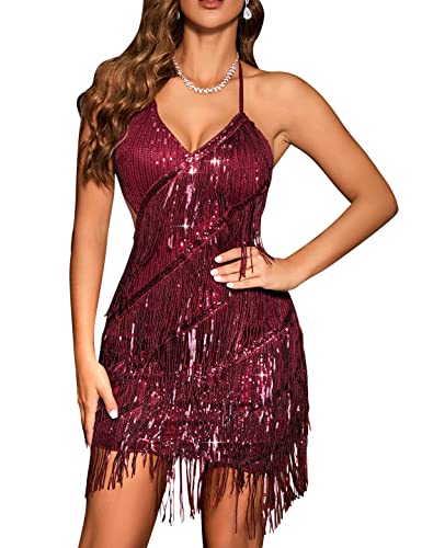Image of houstil 1920s Sequin Dress for Women V Neck Halter Gatsby Flapper Dresses Tie Back Formal Club Party Evening Gown