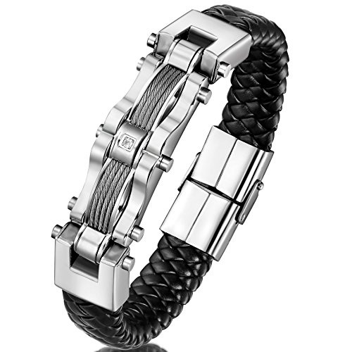 ORAZIO Stainless Steel Braided Leather Bracelet for Men Cable Cuff Bracelet Bangle CZ Inlaid 8 Inch