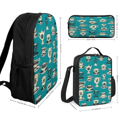 Printed Backpack With Lunch Pack Storage Box Case Retro Tea Cup 3pcs Lightweight Travel Backpack2