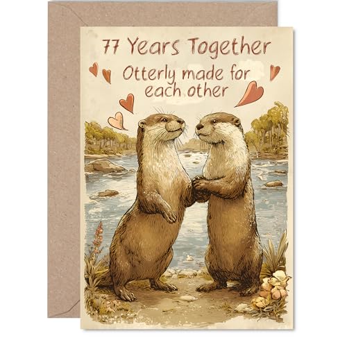 Tarjeta de 77 aniversario para mujeres y hombres, estilo rústico, lindas nutrias, tarjeta de feliz aniversario de 77 años para marido, esposa, compañero, compañero, tarjetas de felicitación A5 para