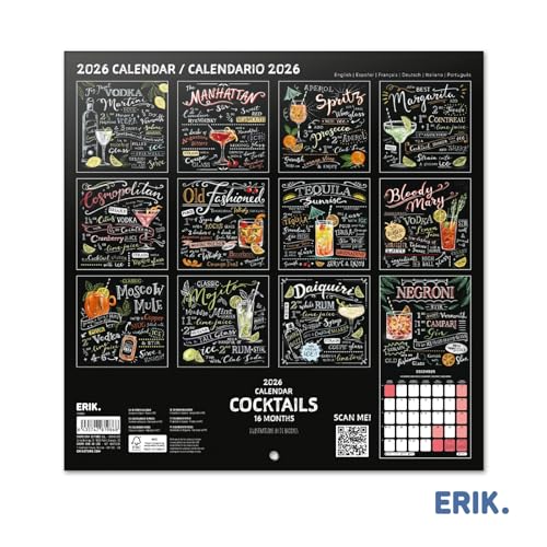 Grupo Erik Wall Calendar 2026 - Cocktail Calendar 2026 | Square 30 x 30 cm - 12 x 12 inches Wall Planner, Family Planner Month To View | Cocktail Recipe Book, Gifts For Friends