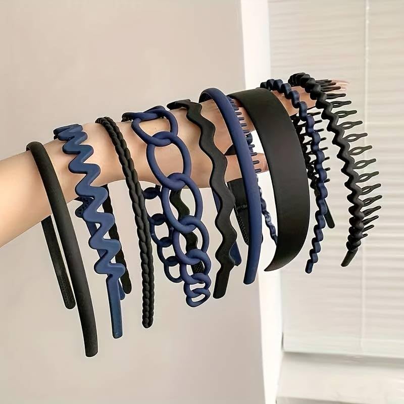 HONEY ACCESSORIES Women 9Pcs Plastic Teeth Hairband Teeth Comb Headbands Matte Hair Bands Non Slip Solid Color Hair Accessories (Black And Blue)-image-7