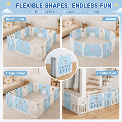 Image of 16 Panel Playpen for Babies Upto 5 Year Foldable Baby Kids Fence Playard Playpen with Mat & Balls Activity Play Yard for Kids Play Area Indoor Setup Fence for Toddlers Outdoor Playarea with Gate(Blue, 6 * 5ft=30sqft)