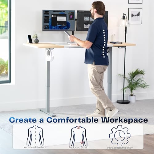 Image of VIVO White /Light Wood 71 x 30 in Standing Desk, DESK-KIT-1G7WC | Electric, Holds 220 lbs, Sit Stand, Height Adjustable, Extra Deep Table Top, Memory Presets, 1B Series, Gray Frame